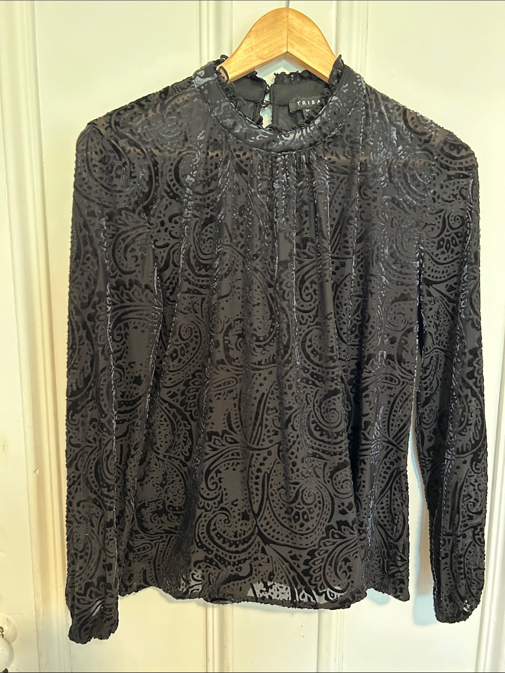 Tribal Black Velvet Burnout Mock Neck Long Sleeve Top